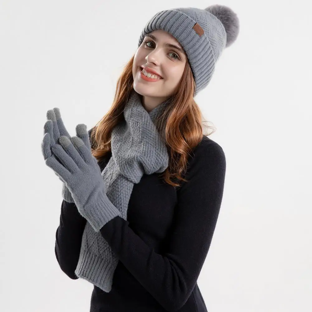 Cozy Winter Accessories Set Women’s Winter Hat Scarf Gloves Set with Faux Fur Pompom Knitted Cap Touch Screen for Weather