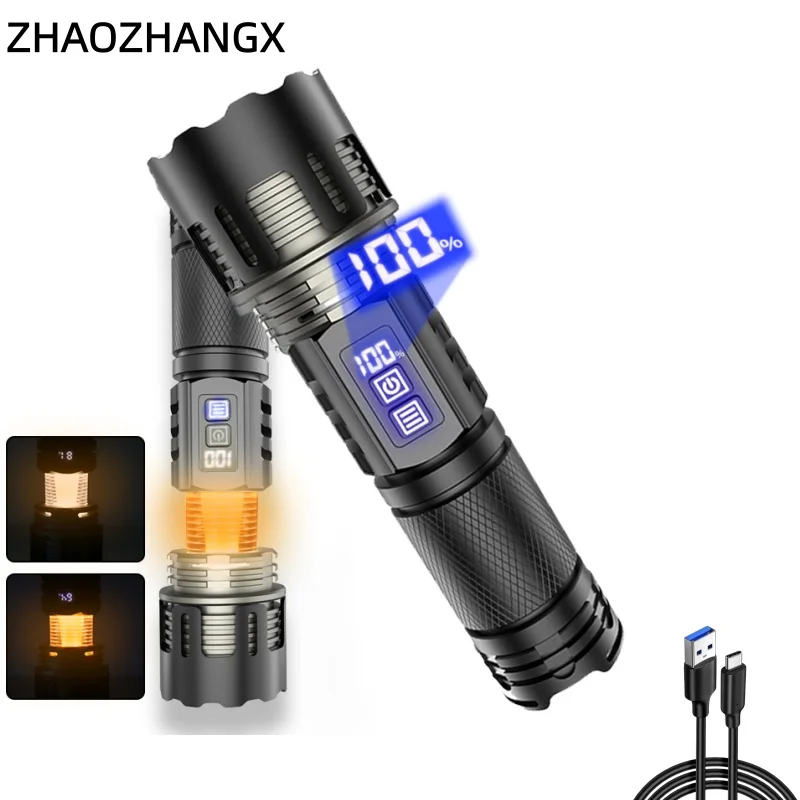 ZHAOZHANGX New 30W LED High-Power Long-Range Flashlight Multi-Function Telescopic Zoom Digital Battery Level Display Torch