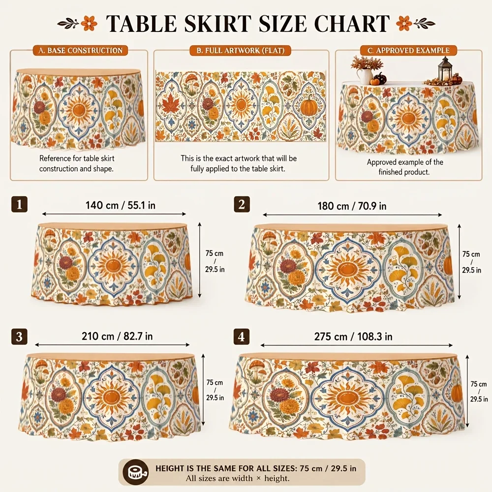 A set of table skirts, decorated with harvest flowers and pumpkin and maple leaf prints - rural elegance