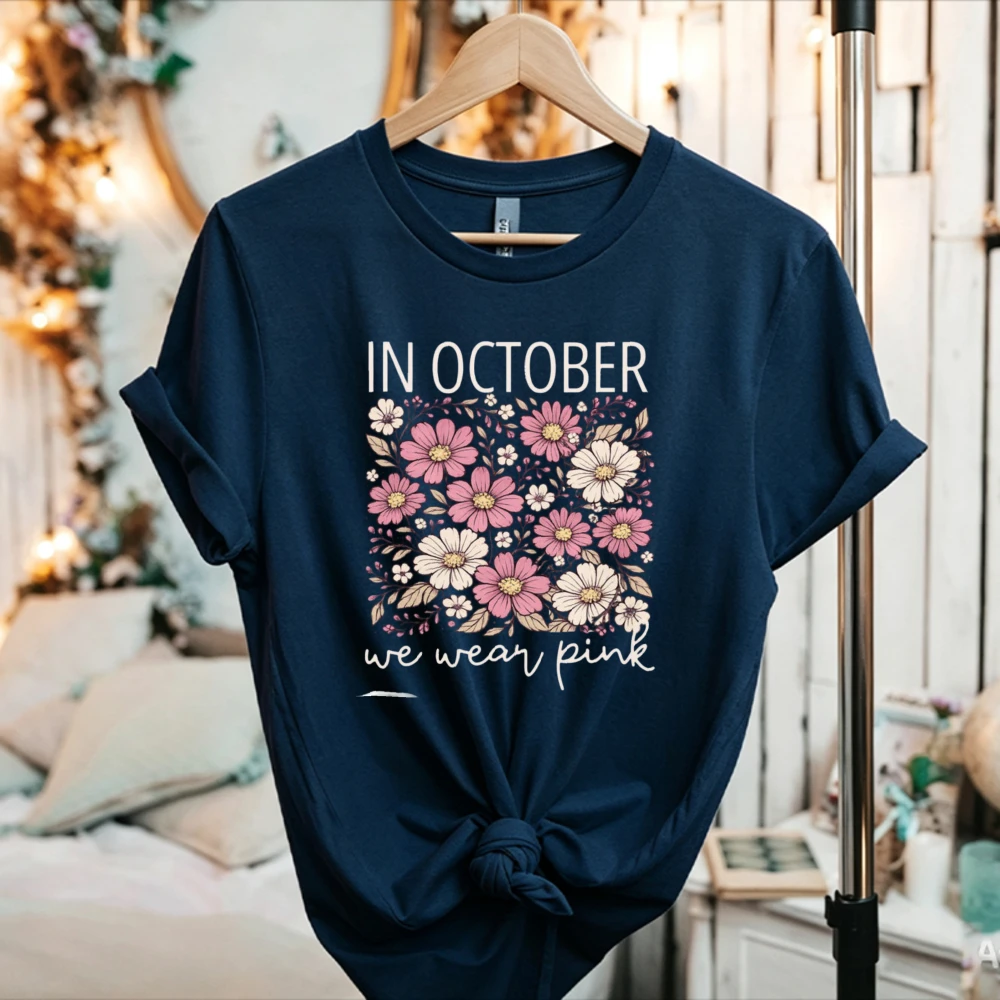Women in October Floral Pink Ribbon T Shirt Breast Cancer Awareness Short Sleeve Tee Warrior Support Casual Cotton Graphic Tops