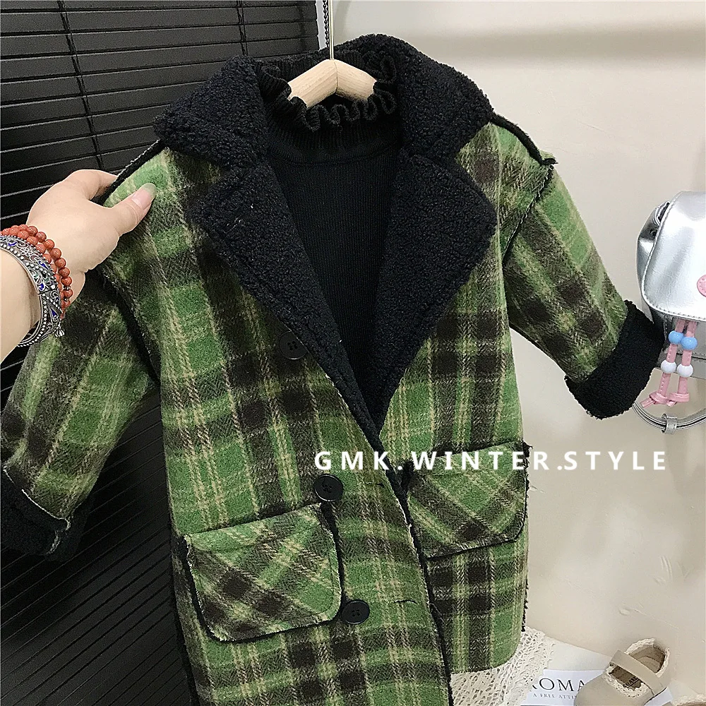 Autumn Winter Children Girl Overcoat Cotton Plus Velvet Thicken Plaid Toddler Girl Woolen Coat Turn Down Collar Kid Girl Jacket