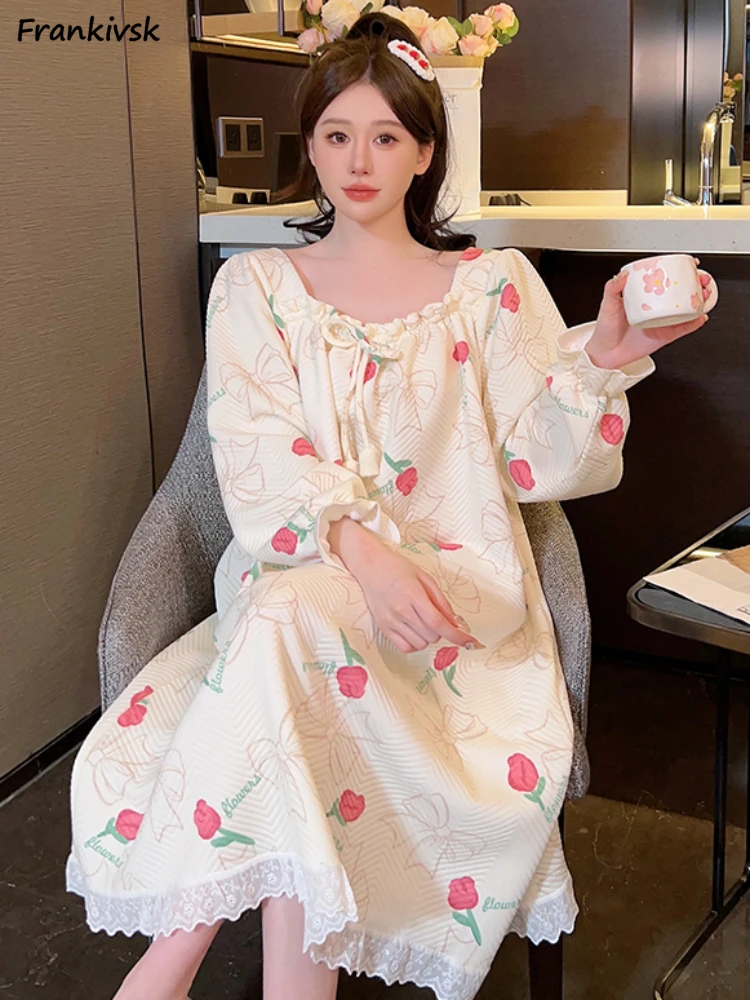 Loose Nightgowns Women Panelled Summer Sweet Simple Slouchy Soft Homewear Korean Style Fashion Popular Ins Long Sleeve College