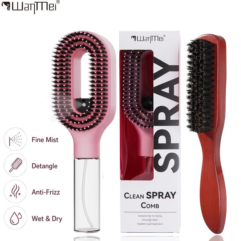 

2-in-1 Spray Hair Brush with Fine Mist Bottle, Boar Bristle Detangling Comb for Wet Dry Hair, Anti Frizz Styling Hairbrush