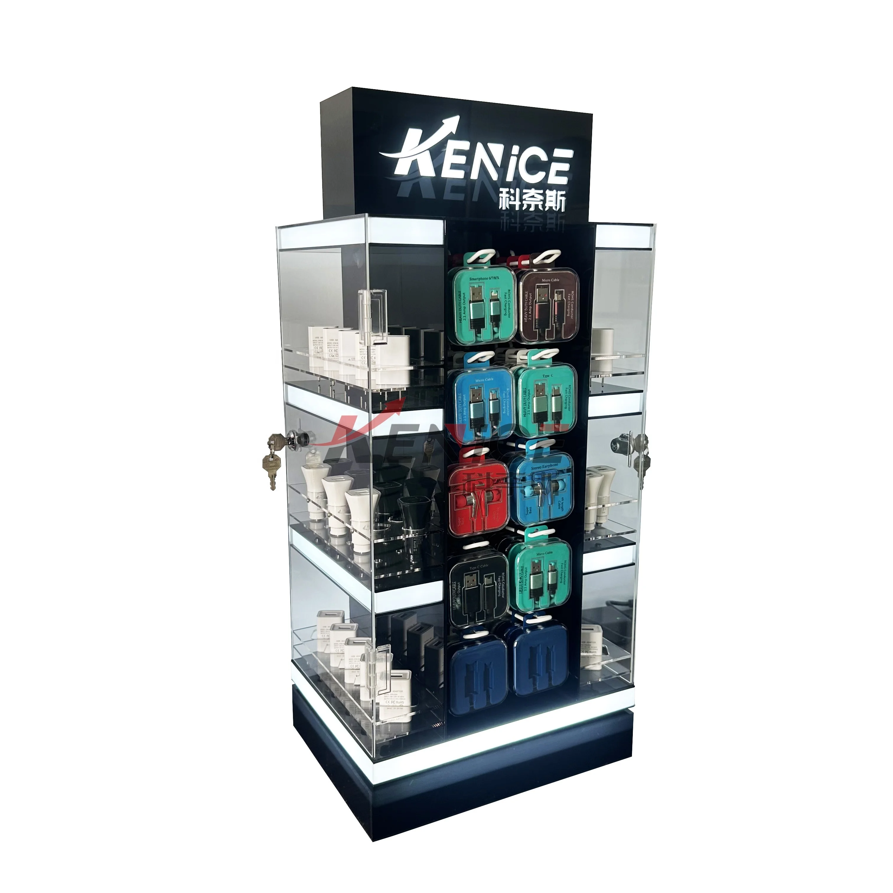 

Acrylic Luminous Display Stand For Mobile Phone Accessory Desktop Acrylic Usb Phone Charger Display Case With 3 Shelves