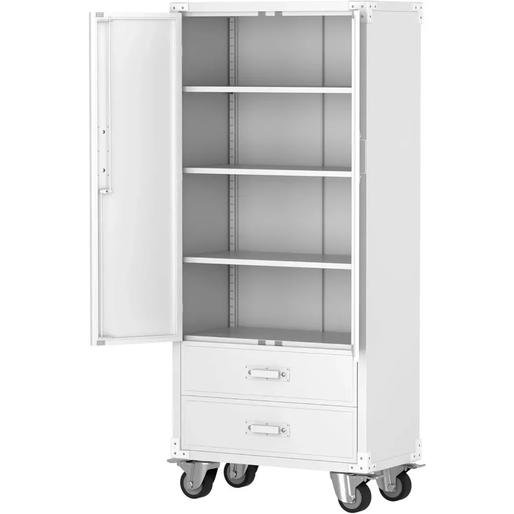 Garage Storage Cabinet with 2 Drawers, Lockable Garage Storage Cabinet with Wheels for Garage Home Storage,White