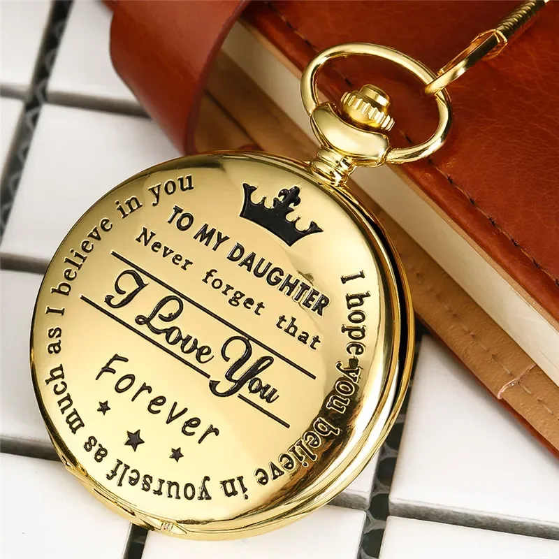 PersonalizedTo My Daughter I Love You Forever Quartz Analog Pocket Watch for Girl Roman Numeral Display Pendant Chain FOB Clock