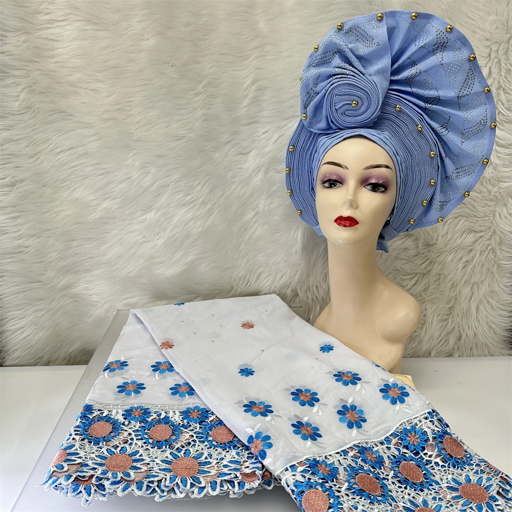 

African Lace and Sego Headtie Set for Women, Swiss Cotton Fabric, High Quality, 5 Yards, 2023, 2Pcs