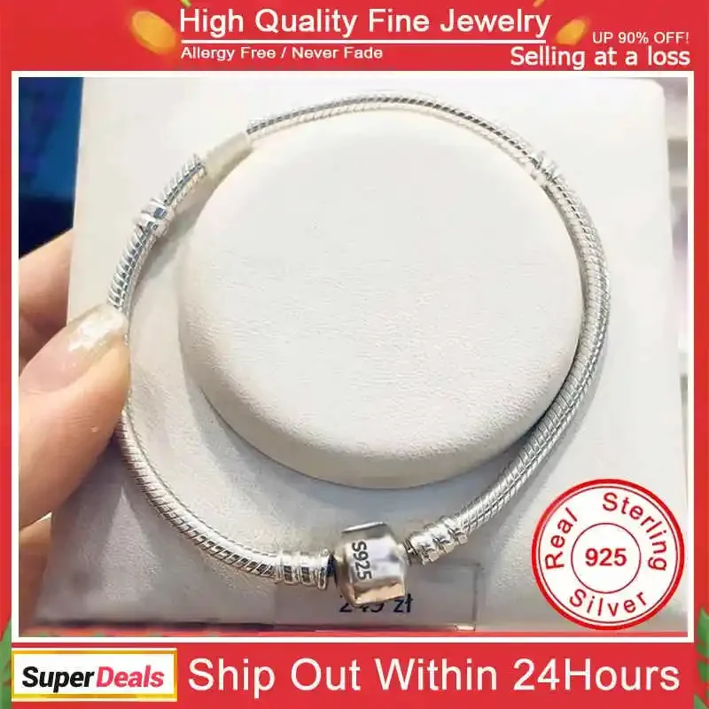 Famous Brand Original Certified 925 Sterling Silver Bracelet for Women DIY Charms Beads Snake Link Chain Classic Wrist Jewelry