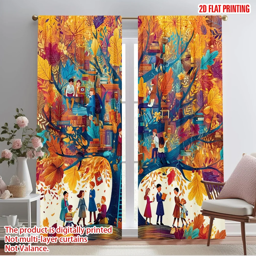 

2pcs,2D plane printing Curtain Fabric People Reading Books Under The Colorful Durable Polyester (without rod) All Seasons