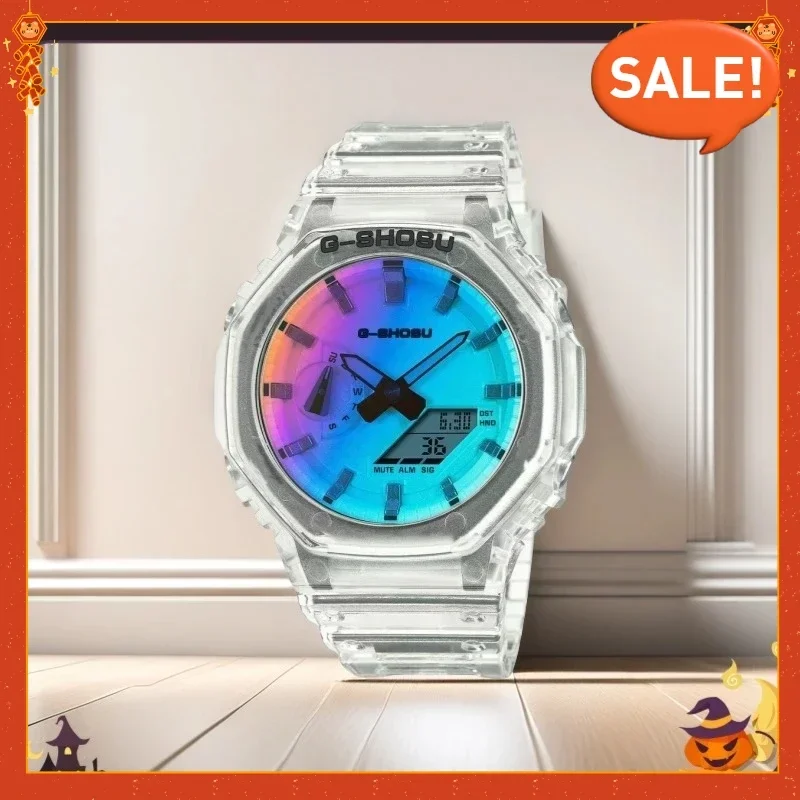 ساعة رجالية رياضية رقمية إلكترونية كاملة الوظائف بالتوقيت العالمي LED مصباح رفع يدوي تلقائي قرص كبير مقاوم للماء سلسلة من خشب البلوط DIY