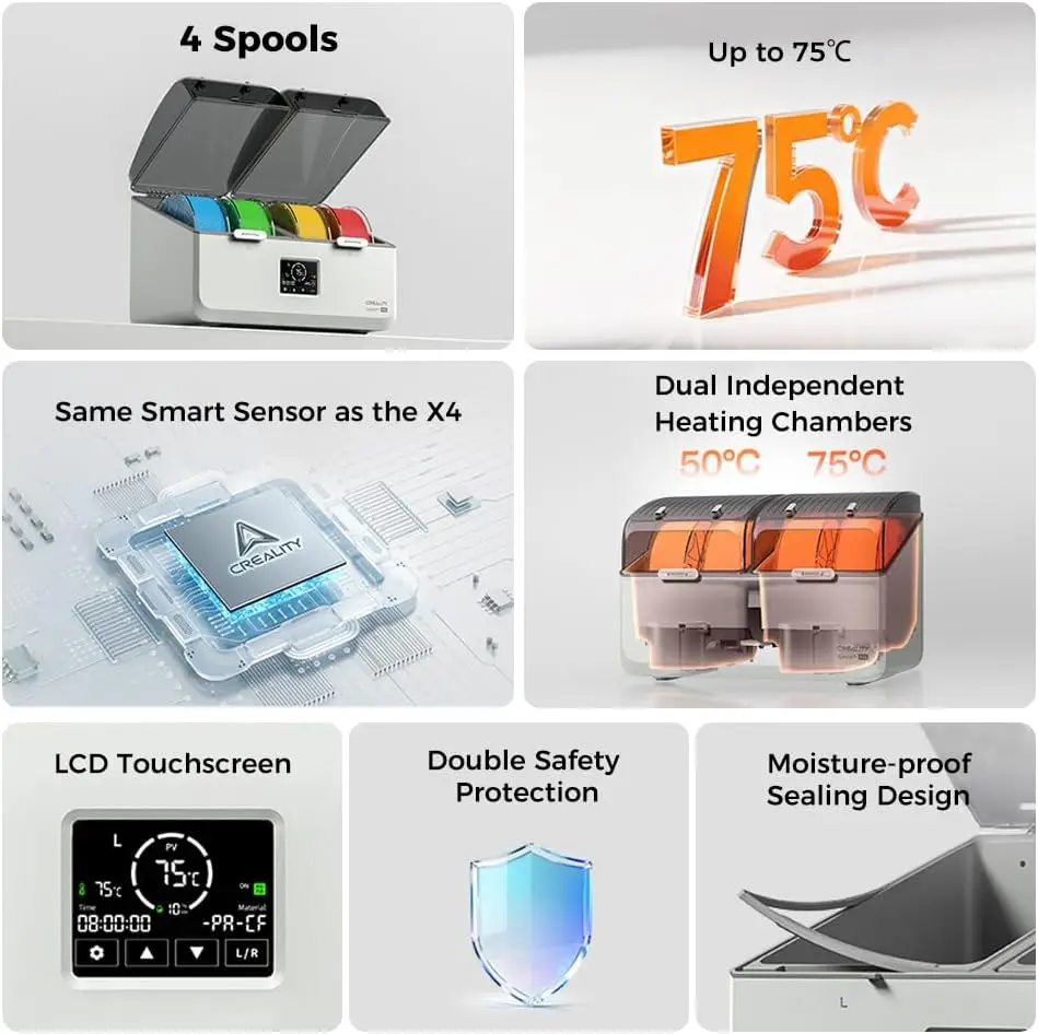 Creality SpacePi X4L Filament Dryer 4 Spools Up to 75℃ LCD Touchscreen Dual Independent Heating Chamber Dry Box for 3D Printer