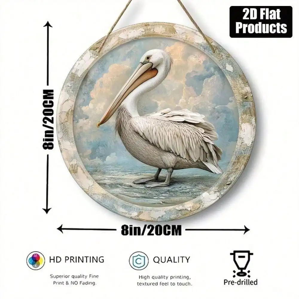 Pelican Coastal Wall Art 8x8 Inches Round Wood Sign, 2D Print Home Decor for Living Room, Kitchen, Office, Bar Cafe Holiday