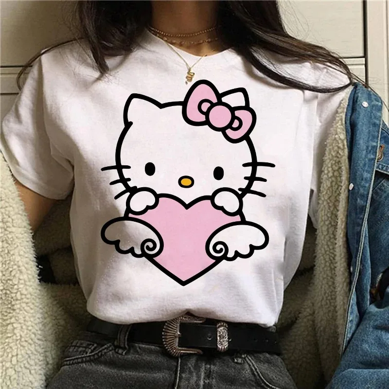 2024 New Manga Y2k Japanese Anime Hello Kitty Women's T-shirt Sanrio Cotton Printed Short-sleeved T-shirt