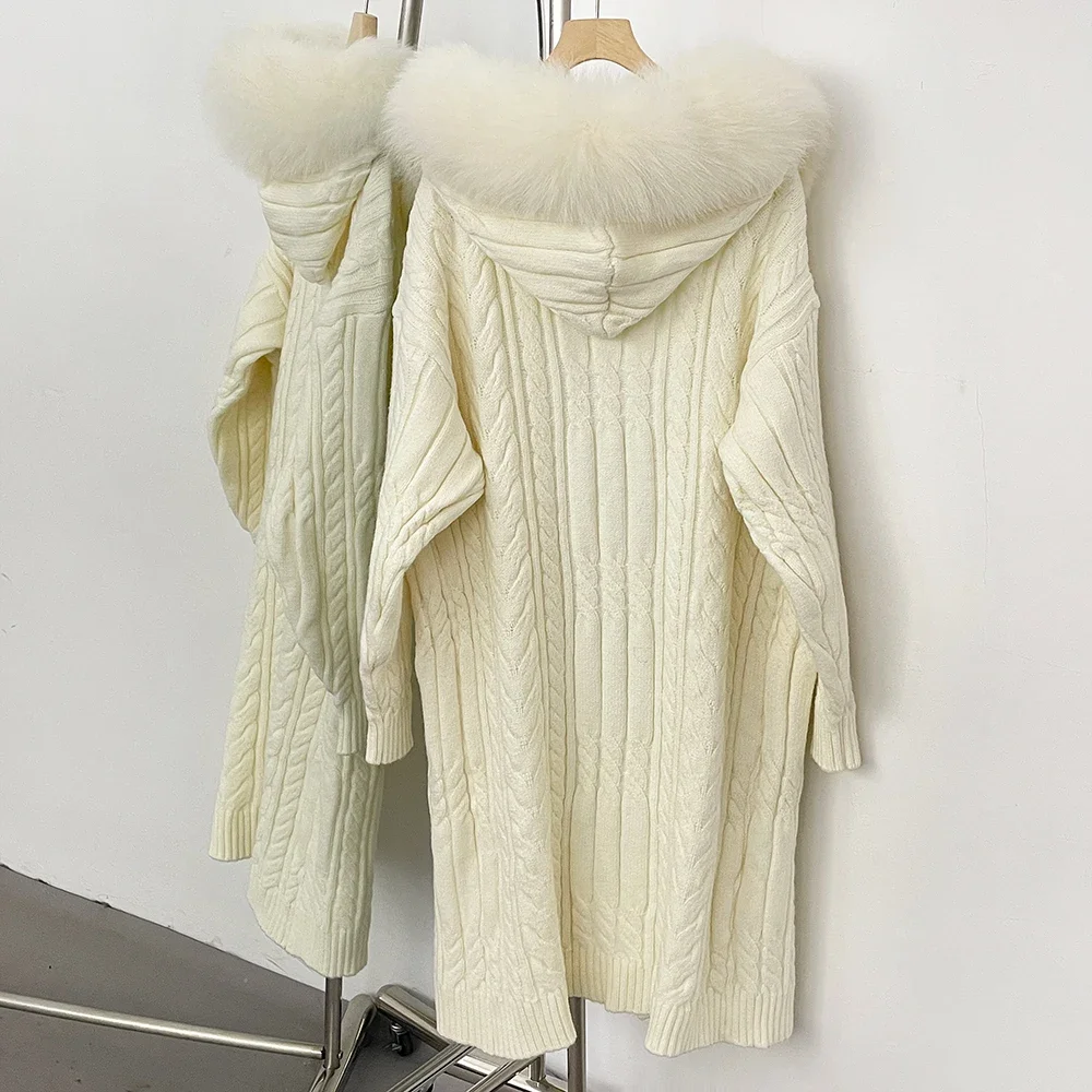 2025 여성용 모피 코트 니트웨어 롱 스웨터 후드 봄 가을 신상 여우털 니트 가디건 두꺼운 리얼 퍼 니트웨어 오버사이즈
