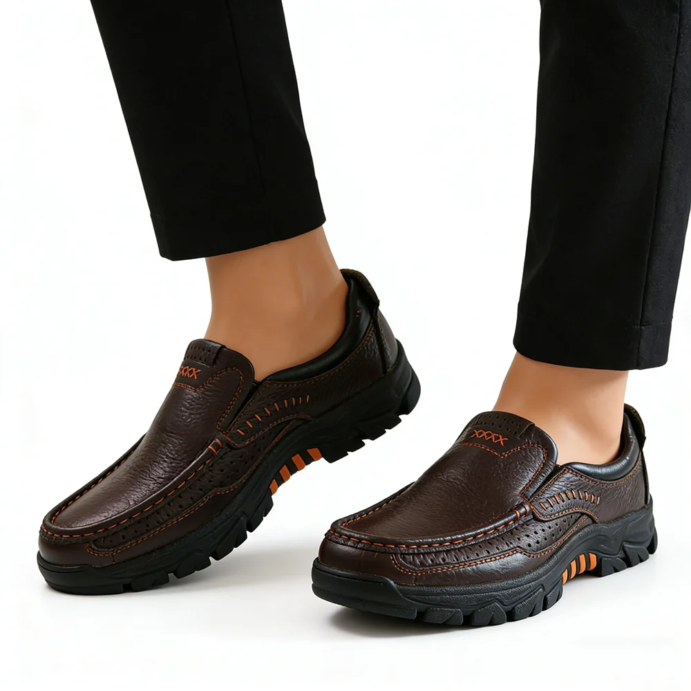 Mens Casual Leather Shoes Slip-On Loafers Business Work Driving Thick Sole Cowhide Shoes Soft Comfortable D950