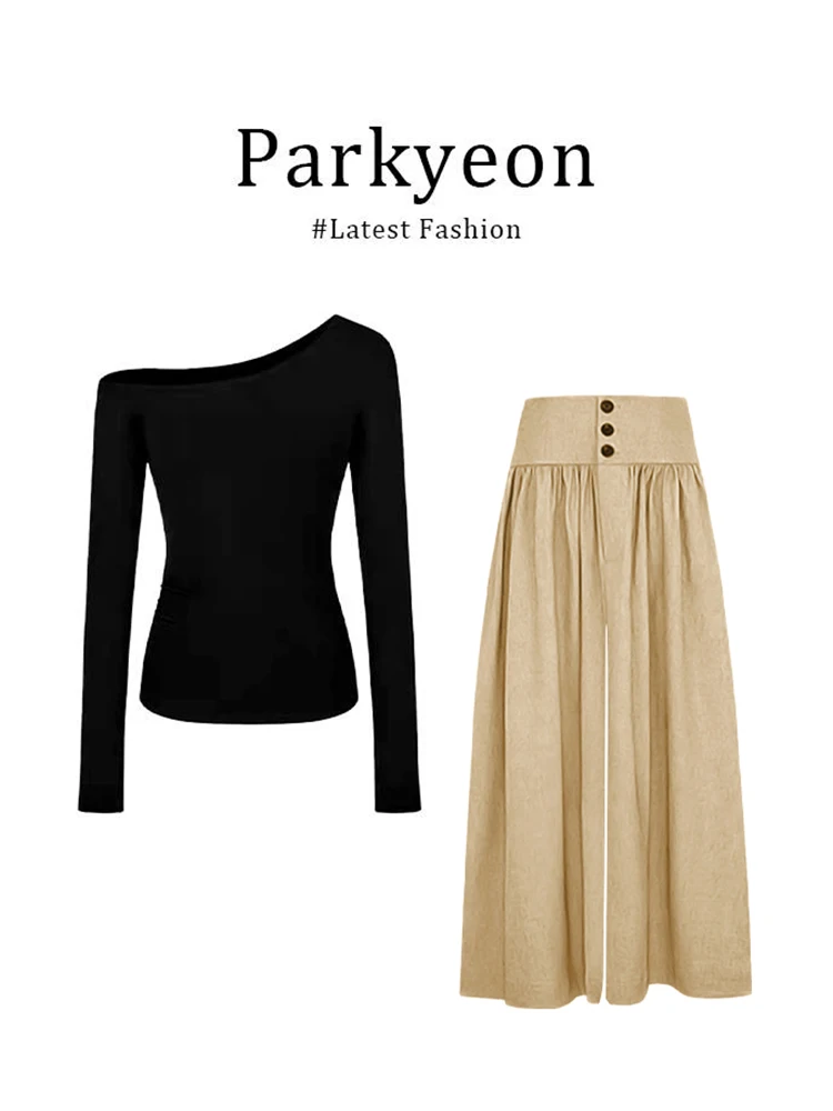 

Корейский стильный комплект из вязаного топа с длинными рукавами и открытыми плечами и повседневных брюк цвета хаки для женщин, модный комплект на весну и осень