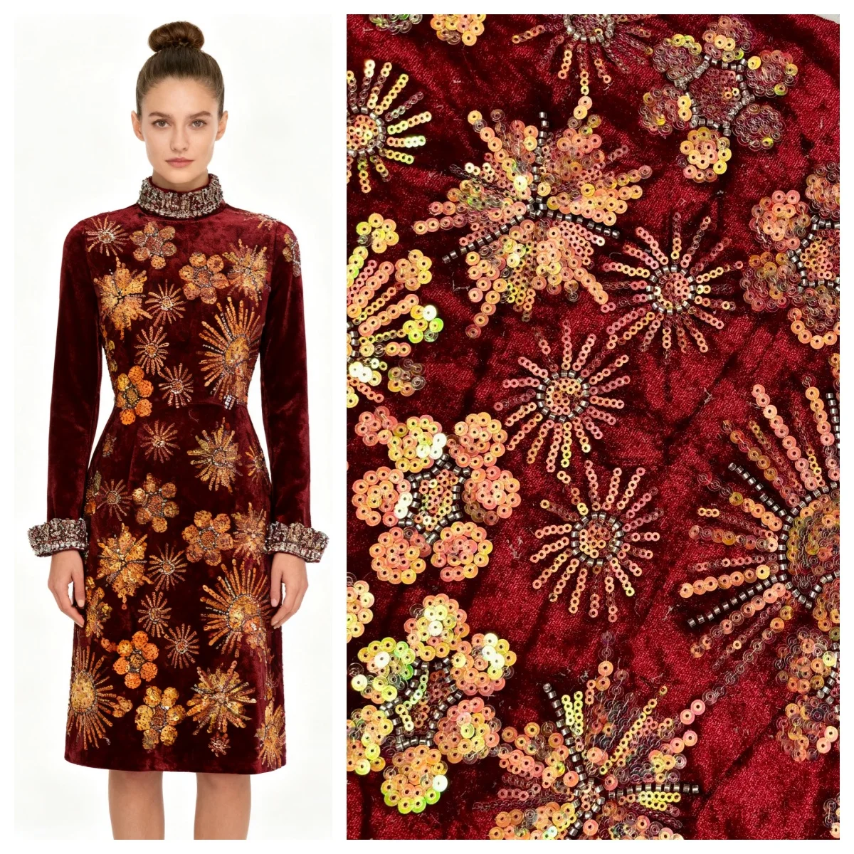 

New high-end gold velvet bead tube sequin embroidery fabric sewing cheongsam evening dress DIY tablecloth curtain fabric