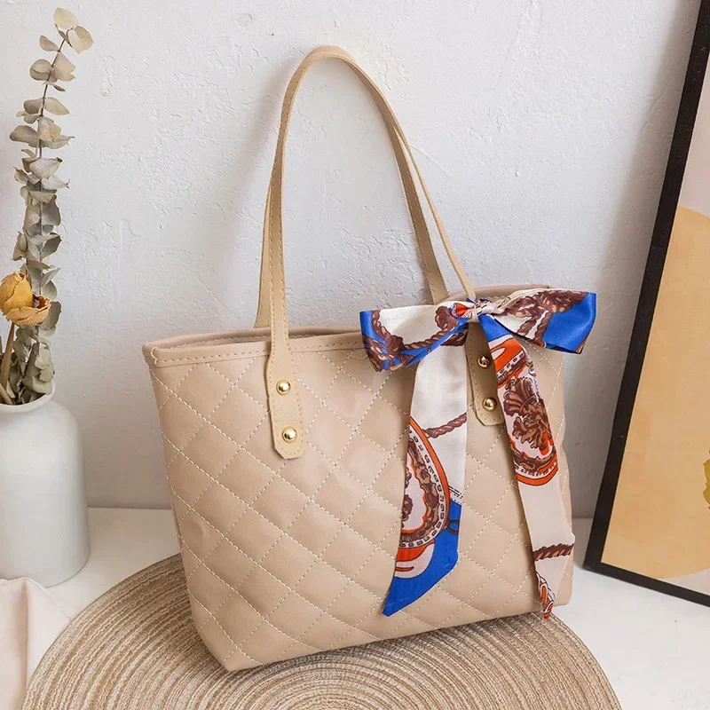 Large Capacity Lingge Embroidery Bag New Trendy Simple Scarf Tote Bag Hot Selling One Shoulder Bucket Bag Bags for Women