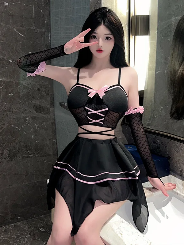 Fairy Dress Women Sexy Small Chest Robe Uniforms Dress Elegant Sweet Fashion Korean Women Mesh Lace Sheer 2024 New Y7CC