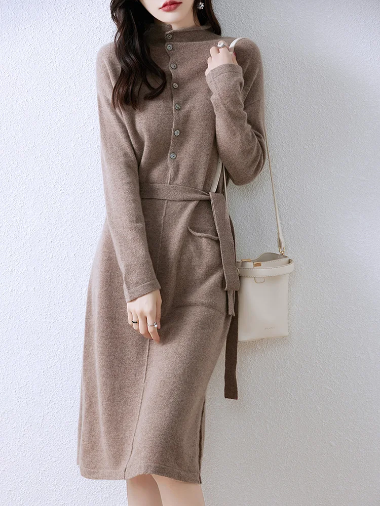 Women Wool Dress Sweater 100% Merino Wool Knitwear Autumn Winter Pullover Buttons Lace-up Cashmere Pockets Cozy Mock Neck Skirts