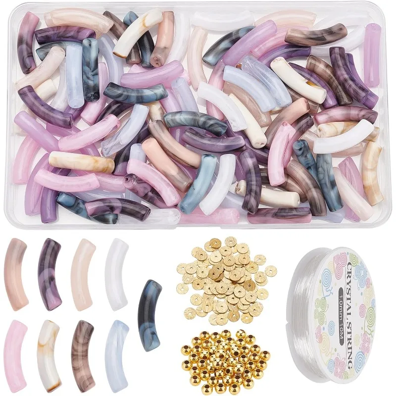 250 Pcs Acrylic Curved Tube Beads Making Kit 2 Styles 100 Pcs Colorful Imitation Gemstone Acrylic Beads 50 Pcs Round Brass Bead