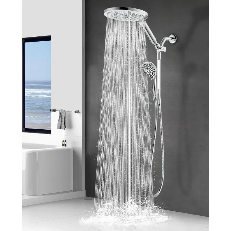 Dual Handheld Shower Head Combo, 2-in-1 Rain Shower Heads System 8 Inch Rainfall Shower Head and 10 Modes High Pressure