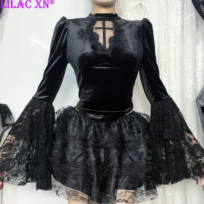 

Y2K Goth Black Velvet Lace Flared Sleeve Crop Tops Vintage Sexy Cross Lace Mesh See Through T-Shirts Women Autumn Halloween Tees