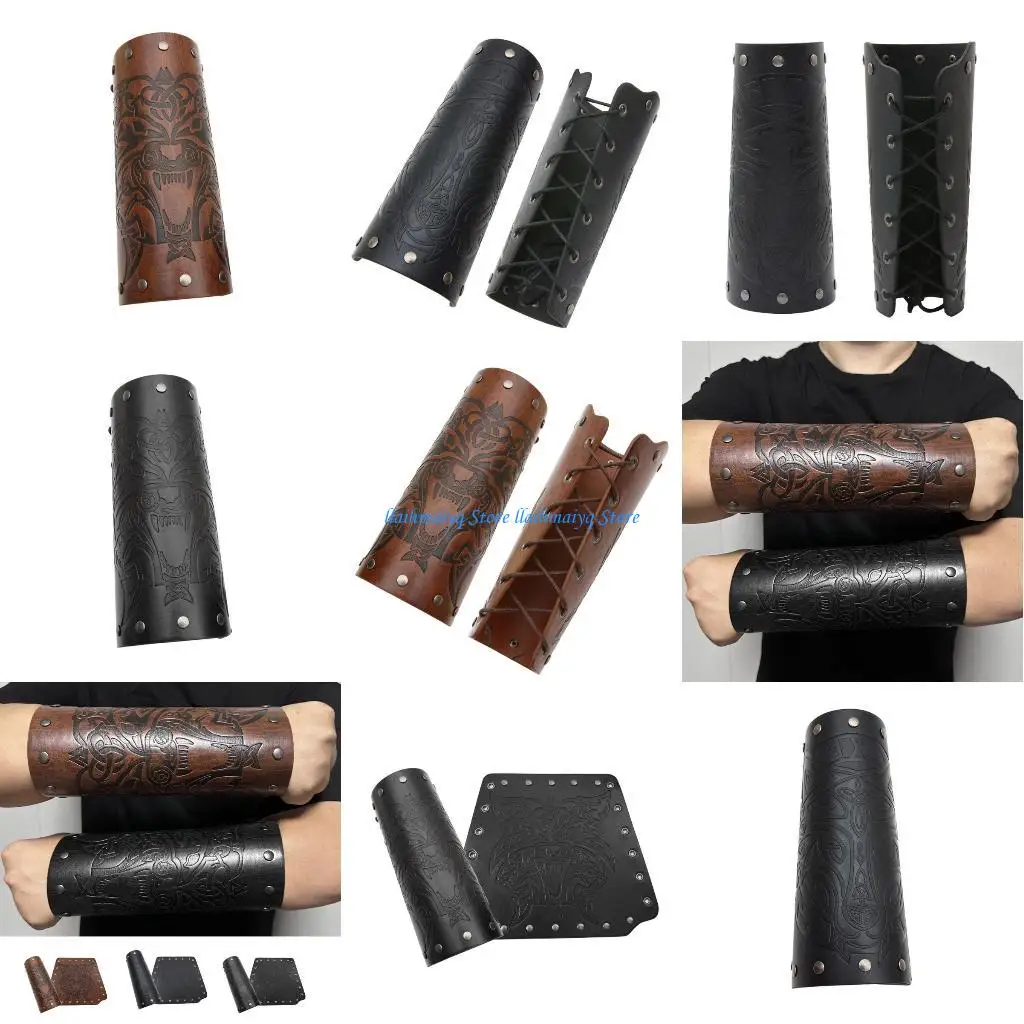 

573B Хэллоуин Готические доспехи наручные наручи с тиснением головы волка Панк Воин Пират Рыцарь PU браслет на шнуровке