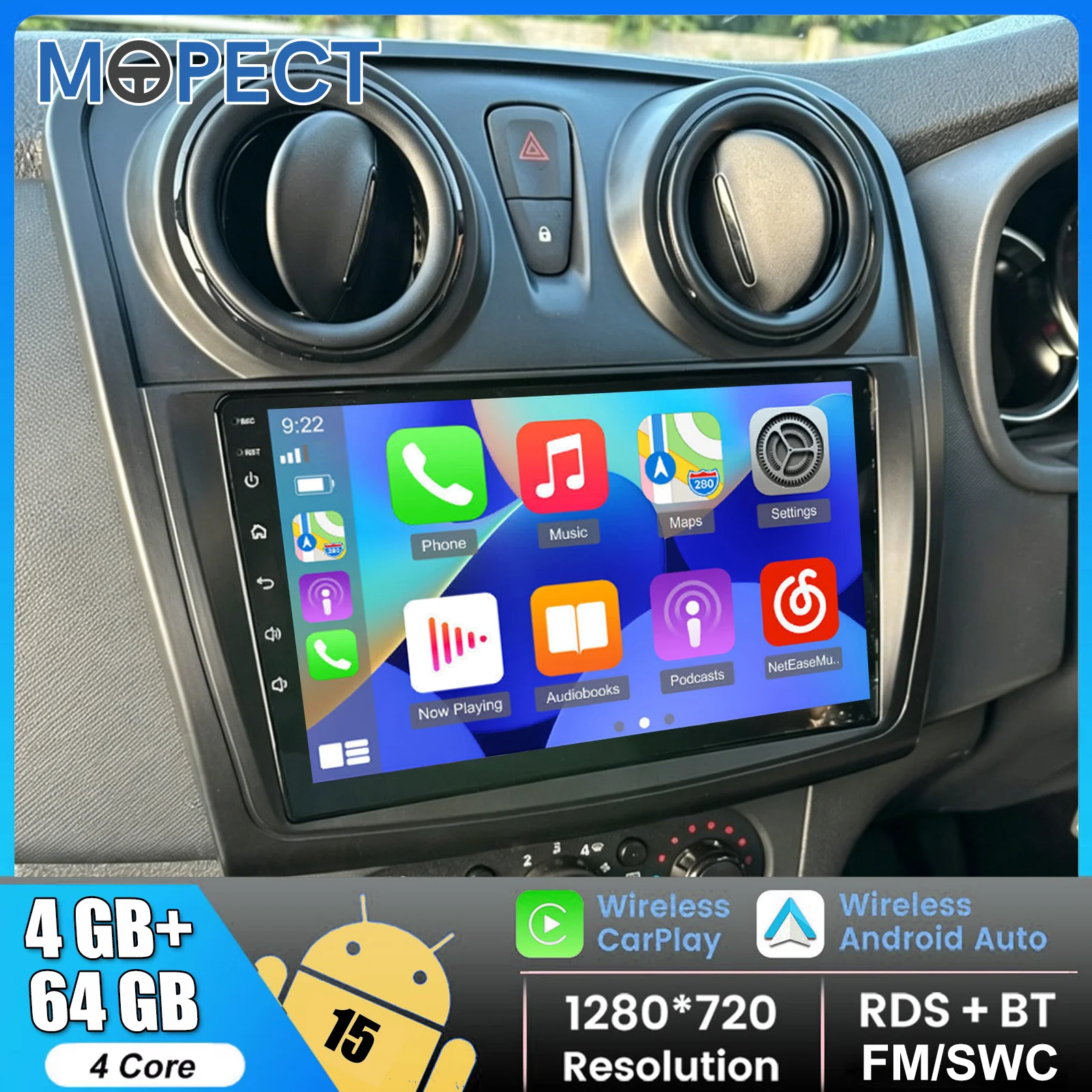MOPECT 9 Zoll 4+64G Android 15 Autoradio für Dacia Sandero Logan MK2 2012 2013-2017 Auto Radio Multimedia Player Carplay Autoradio