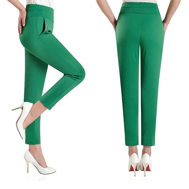 Classic Candy Colors Stretch Ankle-length Pant Elegant Summer Thin Straight Trouser Mom Casual High Waist Pantalones Slim Capris