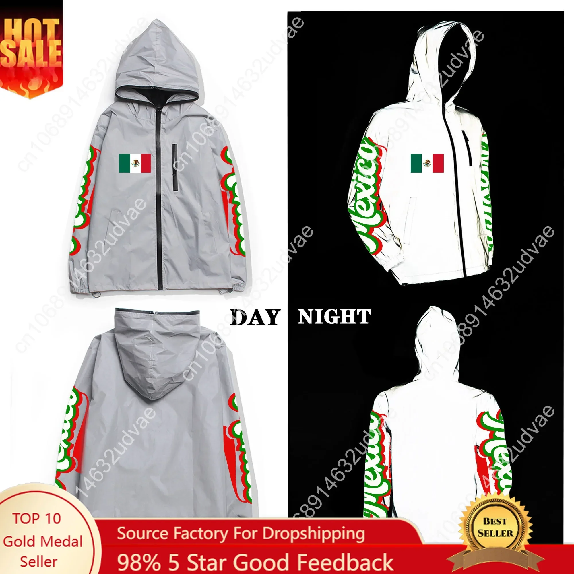 Mexican Flag Custom Reflective Jacket Mens Womens Mexico Coat Hooded Windbreaker Run Jackets Cycling Hiking Zipper Custom Hoodie