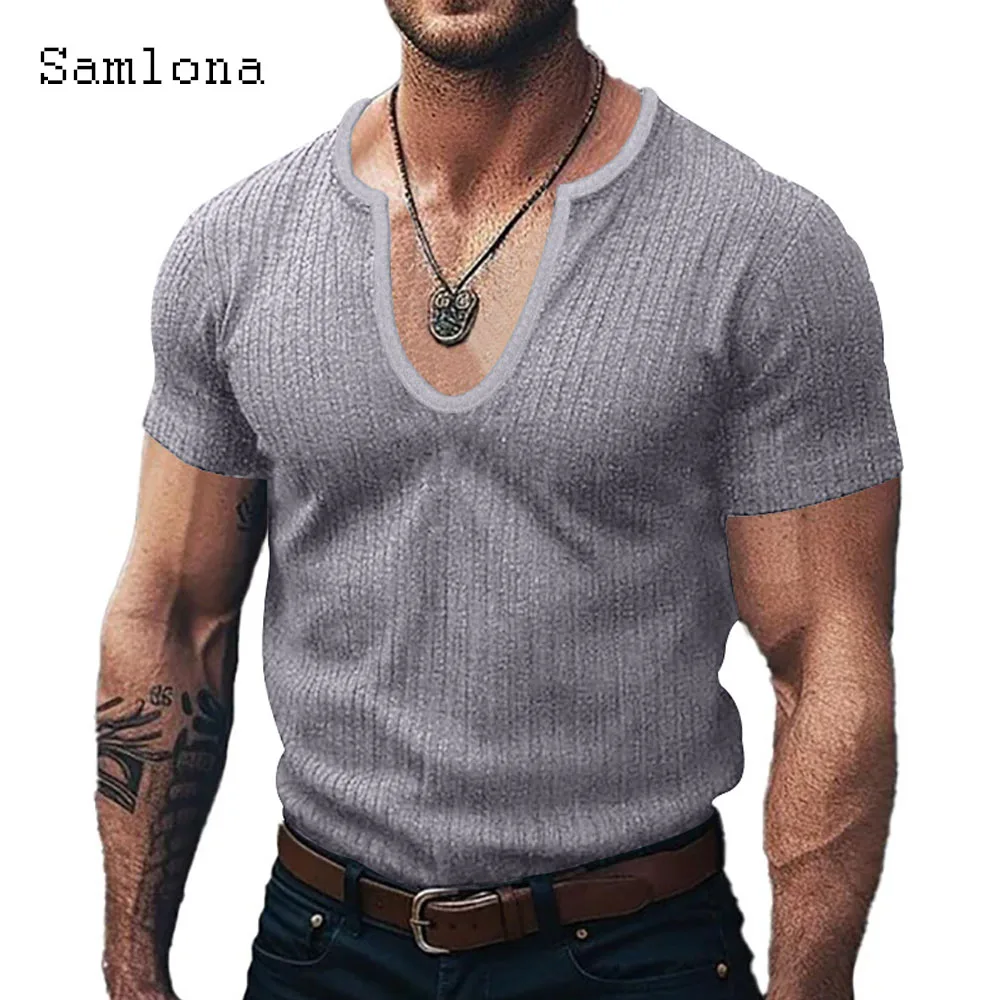 Solid Apricot U Neck T-shirt Men Short Sleeve Fashion Skinny Tops Sexy Mens clothing 2024 New Spring Casual Pullovers Basic Tees