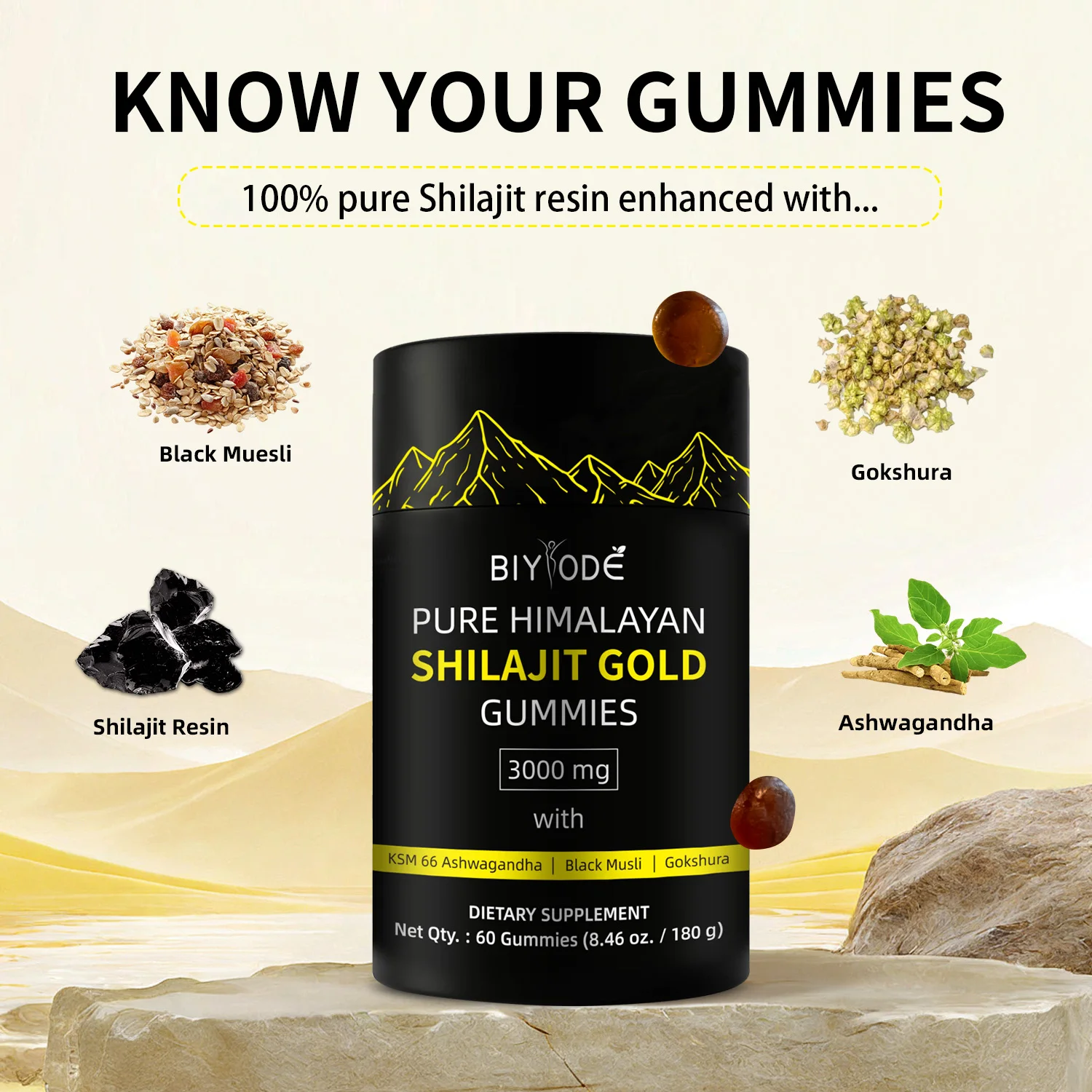 BIYODE 3000mg Pure Himalayan Shilajit Gummies Containing 85+Trace Minerals Supplement Vegetarian Easy Independent Packaging