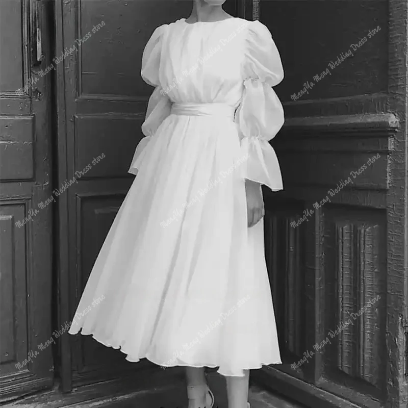ZHUISHU Elegant Square  A-line Wedding Dress Customized Long Bishop Sleeves  Tea Length Pleated Backless Victorian Bridal Gowns