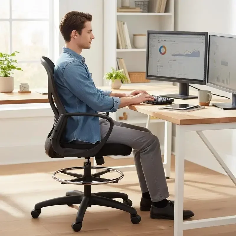 Chaise de bureau ergonomique haute en maille, réglable en hauteur, pivotante avec repose-pieds, noire
