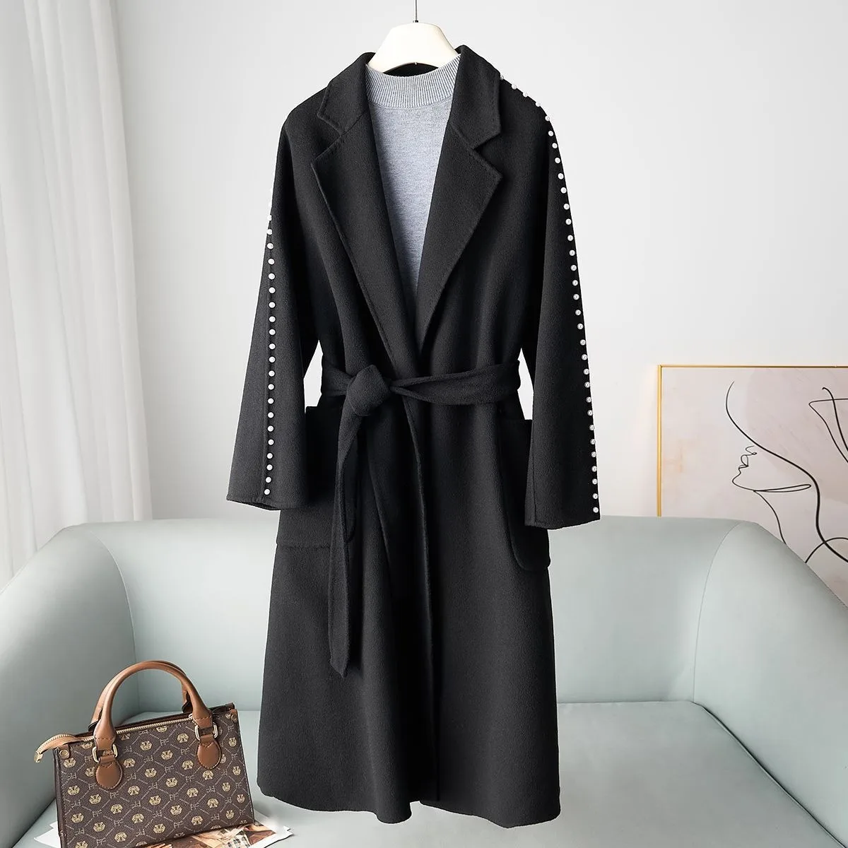 معطف صوفي طويل على طراز هيبورن لخريف وشتاء 2025 معطف صوفي طويل على الوجهين 30 سترة صوفية بقصة ضيقة من الكشمير للنساء #3