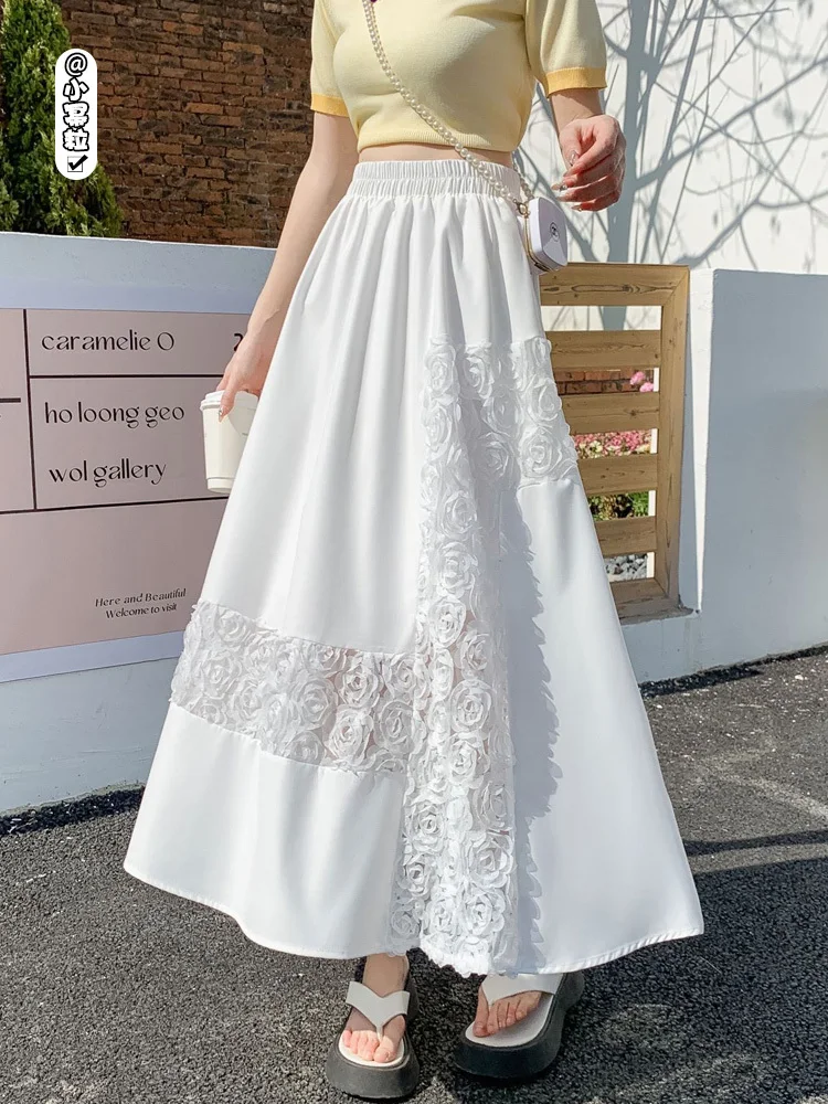 

3D Rose Hollow Out Skirts Women Black White Elastic Waist A-Line Elegant Loose Casual Midi Skirts Female Summer Skirt