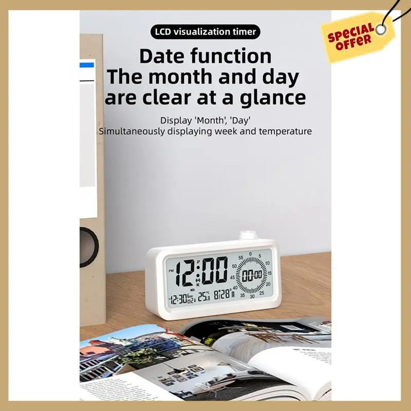 Будильник обратного отсчета, двойной дисплей, визуальный менеджер, будильник, ручка обнаружения температуры окружающей среды, дизайнерские часы, черный, прочный