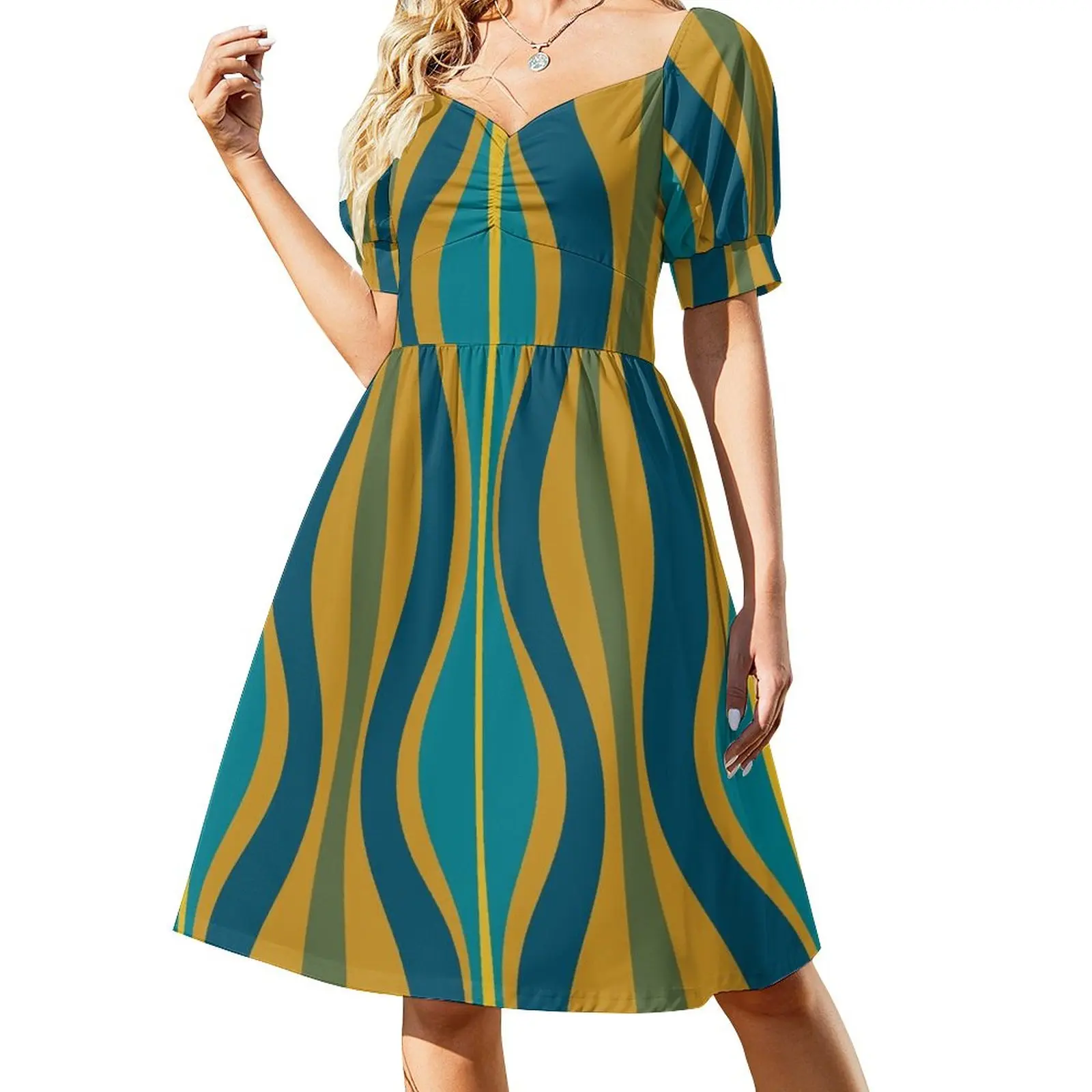 Hourglass Mid-Century Modern Abstract Retro Pattern in Moroccan Blue, Green, Teal, and Mustard Sleeveless Dress women clothes