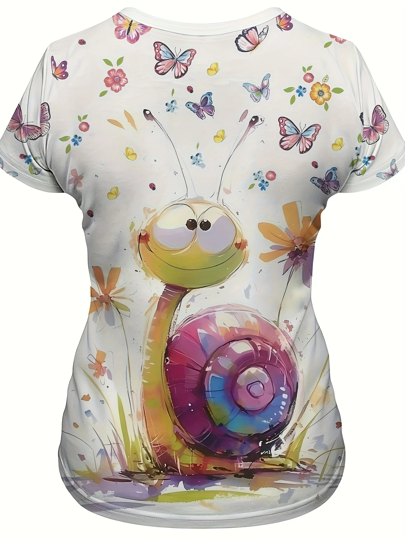 Women Short Sleeve T‑Shirt Cute Snail Floral Butterfly Watercolor Print Crew Neck Loose Casual Summer Tops