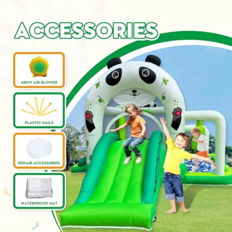 Multifunctioneel Panda opblaasbaar springkasteel met dubbele glijbal PitandPonspilaar Peuter springkasteel met inblazer