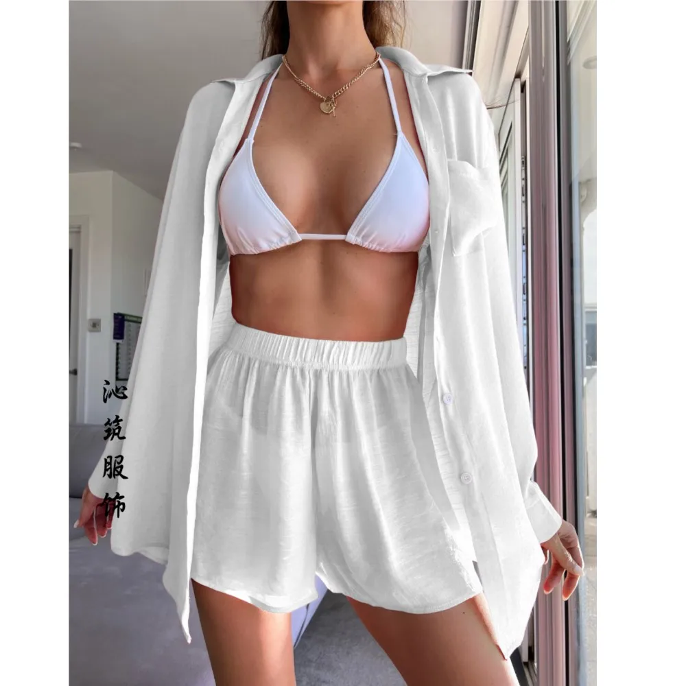 Conjunto de 2 piezas de pantalones cortos para cubrir la playa, camisa holgada a la moda para mujer, traje informal para vacaciones, Bikini, novedad de 2026