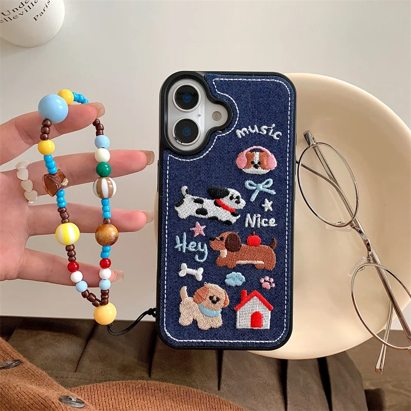 

Embroidery Dachshund Phone Case For iPhone 16 Pro 14 12 13 15 Pro Max Cover Fashion Denim Fabric Protective Cases Women for 16