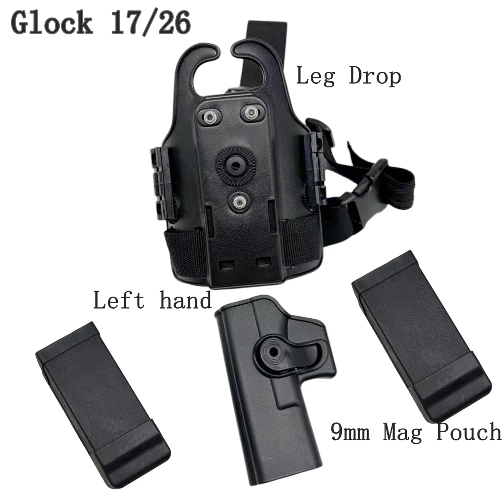 

Left Hand Glock17/26 Gun Holster 360 Degree Rotation Tactical Leg Drop Pistol Case For GL 17 26 Gen 1-4 w/ Double 9mm Mag Pouch