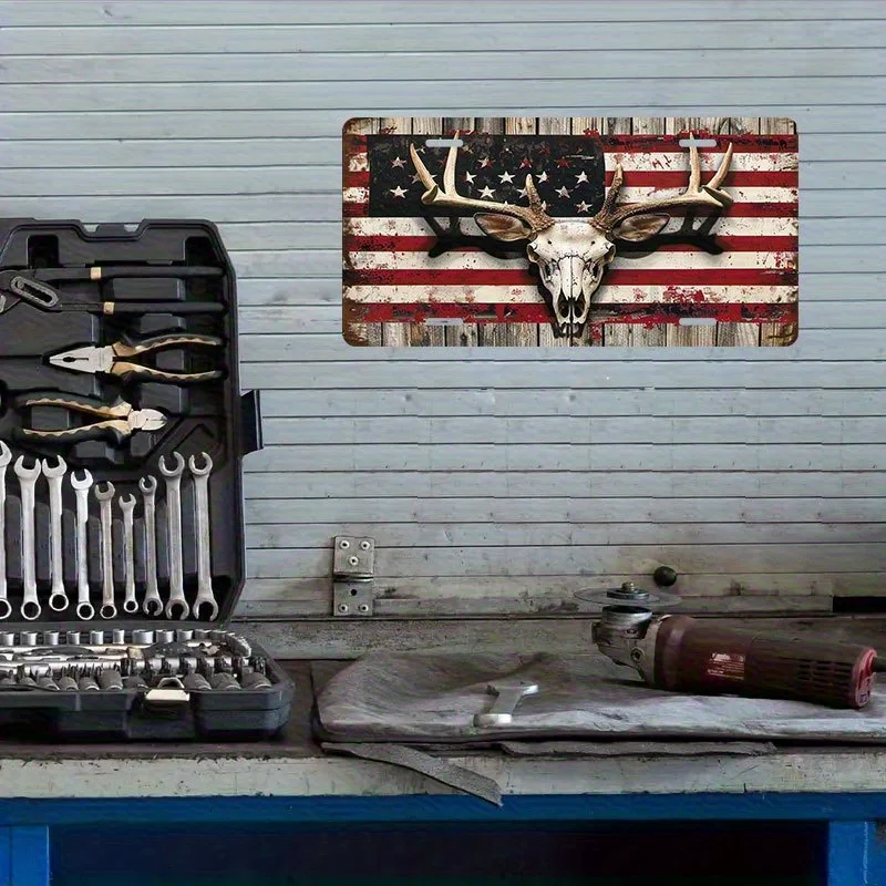 2D flat aluminum license plate, featuring the American flag and deer skull design, designed specifically for decorative purposes