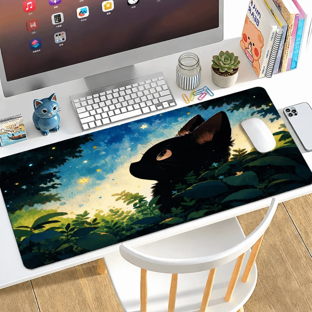 Durable Extra Large Black Cat Mouse Pad Rubber Non Slip Computer Desk Mat Rectangle Hard-wearing Desk Pad for Office and Home