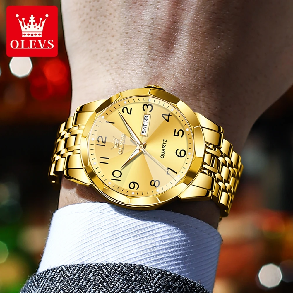 OLEVS 9970 Fashion Quartz Movement Watch 30m Waterproof Luminous Function Solid Steel Strap Classic Week Calendar Window Display Watch