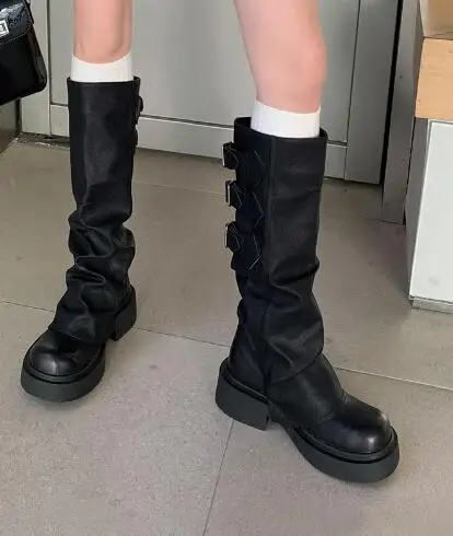 Girls Brown Black Leather Buckles Thick Sole Big Round Toe Chunky Heels Knee High Pants Boots Women Fold Motorcycle Long Boots