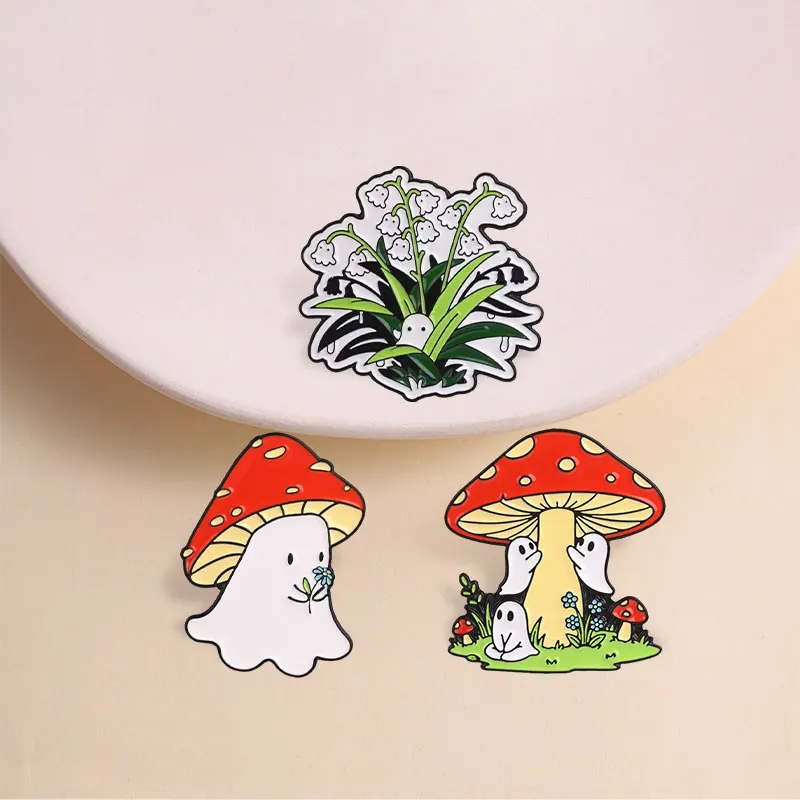 Halloween Ghost Mushroom Enamel Badge Cute Spooky Forest Spirit Lily of The Valley Cottagecore Pins Lapel Brooch Jewelry Gifts