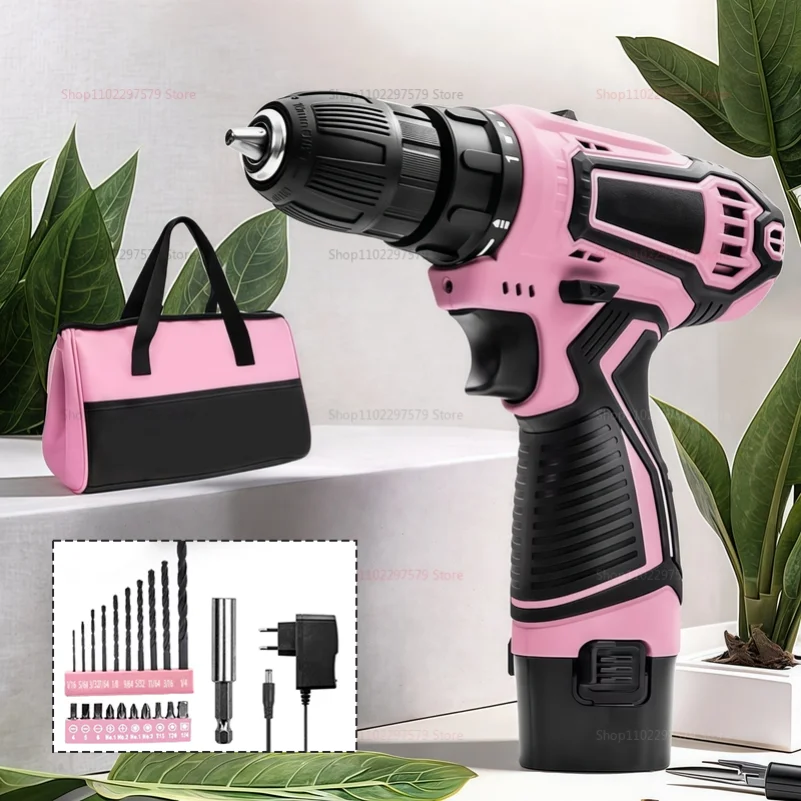 Destornillador eléctrico de 12V, taladro inalámbrico de torsión 25 + 1, Mini herramientas eléctricas inalámbricas, batería de iones de litio, taladro rosa